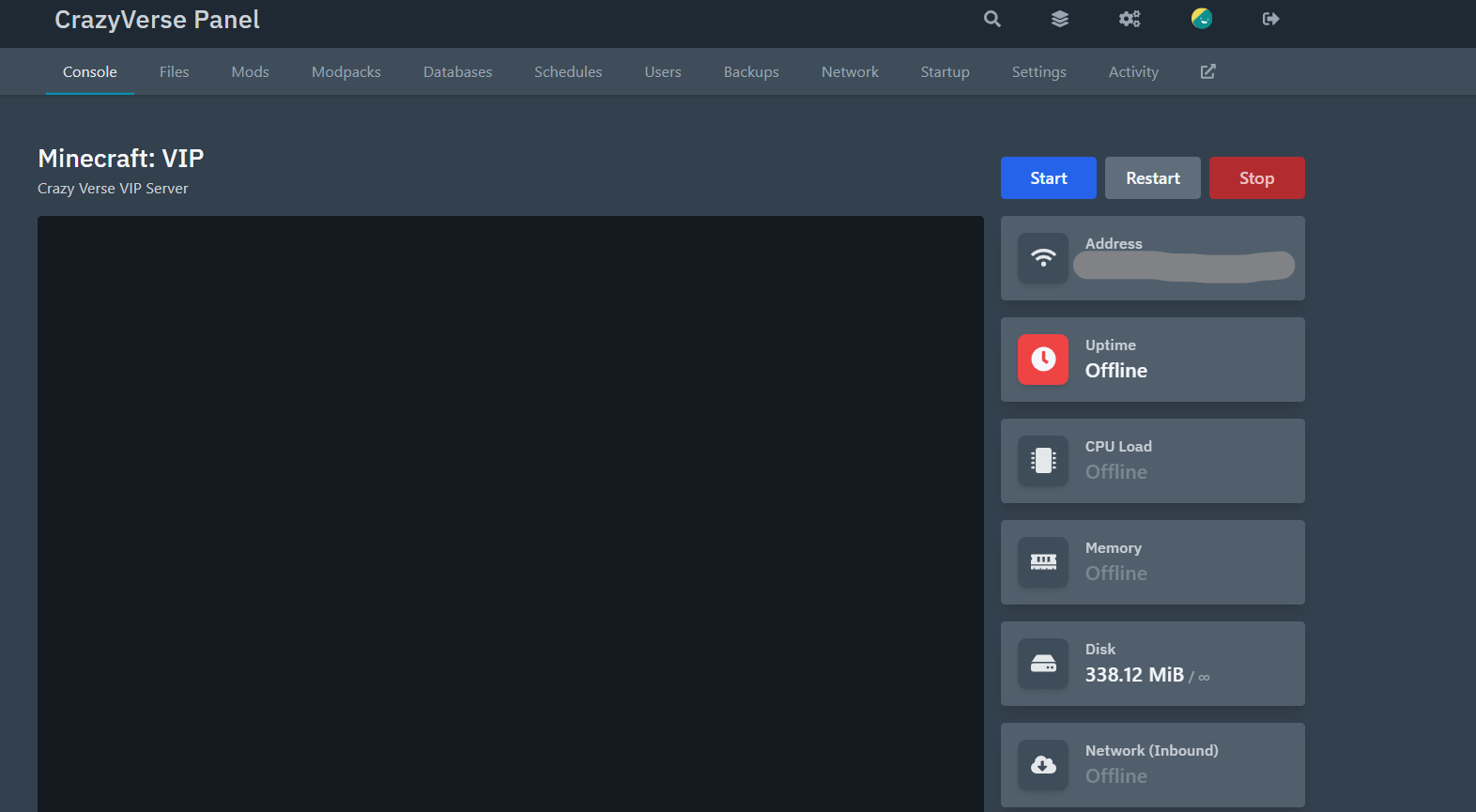 Pterodactyl panel dashboard view